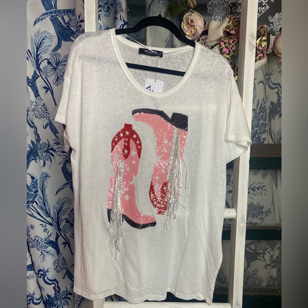 White and Pink Sequin Boot Graphic T-Shirt